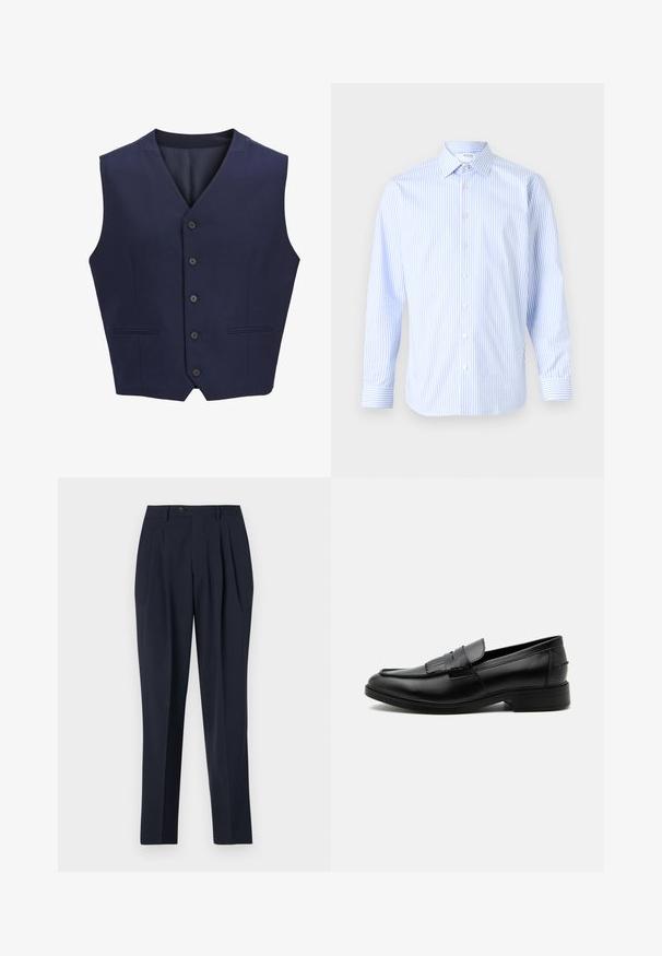 Marineblauwe vest, gemaakt van gestructureerde stof, voorzien van een puntkraag, zes knopen aan de voorkant en twee zijzakken. Glad binnenvoering.; Lichtblauw en witte gestreepte langhouthals-shirt met een klassieke kraag, knopen aan de voorkant en manchetten, gemaakt van een gladde stof.; Marineblauwe broek met een hoge taille, geplooide front en een enkele knoopsluiting. De stof lijkt soepel met een getailleerde pasvorm en rechte pijpen.; Zwarte leren herensloffen met kwastdetail, afgeronde neus, lage hak en glad gepolijst oppervlak, zij-aanzicht op een witte achtergrond.