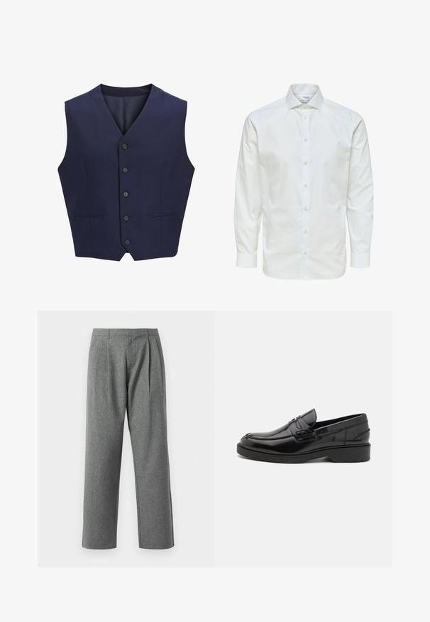 Chaleco azul marino, hecho de tela texturizada, con cuello de muesca, seis botones delanteros y dos bolsillos laterales. Forro interior suave.; Camisa blanca de vestir de manga larga con botones en la parte delantera y cuello puntiagudo, mostrada sobre un fondo blanco.; Pantalones gris de pierna recta hechos de una tela texturizada, con pliegues en la parte frontal y una cintura básica, sin bolsillos visibles.; Mocasines de cuero negro con un acabado suave, punta redondeada, tacón bajo y costura decorativa en la parte delantera. Suela de goma para mayor agarre.