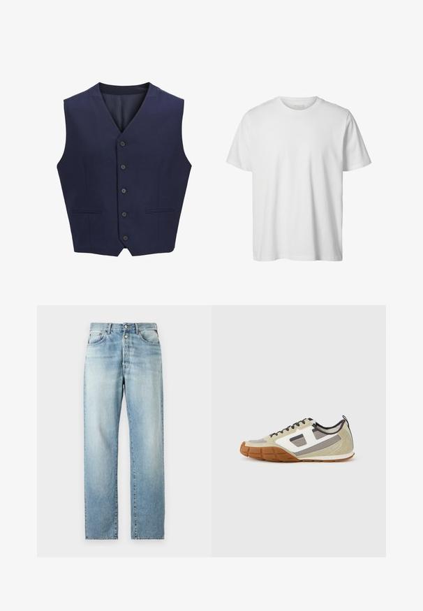 Marineblauwe vest, gemaakt van gestructureerde stof, voorzien van een puntkraag, zes knopen aan de voorkant en twee zijzakken. Glad binnenvoering.; Eenvoudig wit T-shirt met korte mouwen en ronde hals, losse pasvorm en zonder zichtbare logo's of ontwerpen aan de voorkant.; Lichtblauwe spijkerbroek met een rechte pasvorm, voorzien van een klassieke vijfzakkenopstelling en een knoopsluiting. Vervaagde textuur over het geheel.; Athletische sneakers met een beige bovenwerk met grijze en witte accenten, gestructureerd suède en een patroonrubberen zool. Inclusief bruine veters en een treklus.