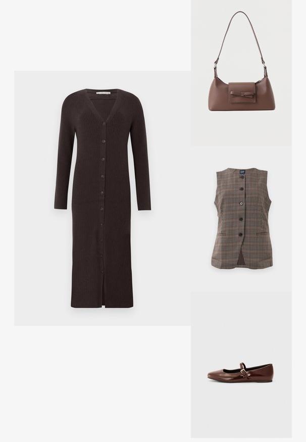 Gilet sans manches à carreaux avec cinq boutons noirs, deux poches avant fendus et un col rond, dans des tons bruns et atténués.; Cardigan long, marron foncé, côtelé, avec un col en V, des manches longues et une fermeture à boutons sur le devant avec 7 boutons. Longueur mi-mollet.; Ballerine en cuir verni marron avec un bout carré et une lanière ornée d'une petite boucle dorée. Texture lisse, talon bas et design minimaliste.; Sac à bandoulière en cuir marron avec une poche à rabat avant ornée d'un détail en forme de nœud cousu et une sangle réglable.