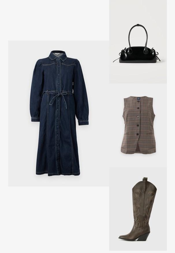 Ærmeløs plaid vest med fem sorte knapper, to forlommer og rund halsudskæring i brune og afdæmpede nuancer.; Mørkeblå denimkjole med krave, frontknapper, lange pufærmer og en bælte i taljen. Har syninger som detalje.; Brune læder cowboystøvle med spids tå, kilehæl og dekorativ broderi. Har en høj stok og en trækflap.; Lille sort blank håndtaske med to lange håndtag og snøre-detaljer i siden på en ensfarvet lys baggrund.