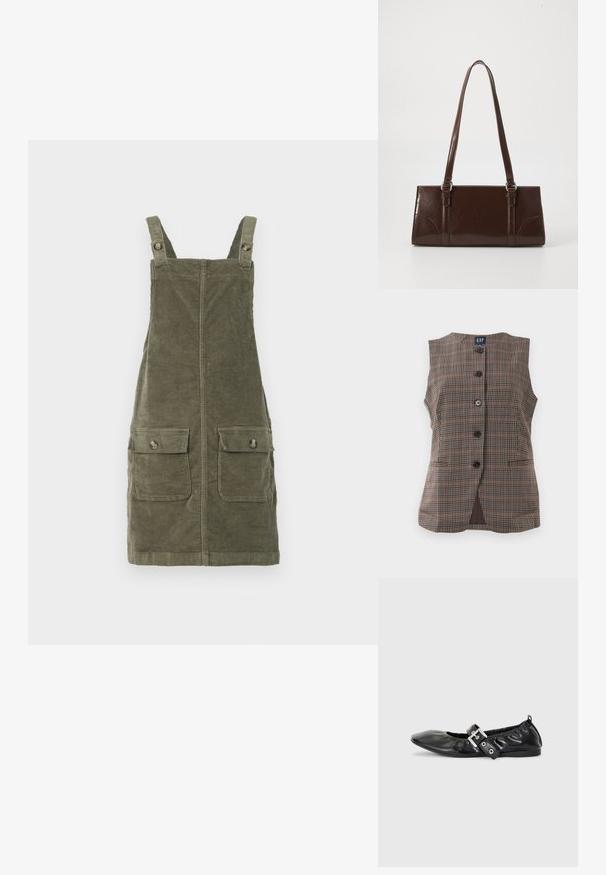 Mouwloos geruit vest met vijf zwarte knopen, twee voorste splitzakken en een ronde halslijn, in bruin en gedempte tinten.; Olijfgroene corduroy tuinbroek jurk met verstelbare banden, uitgerust met twee voorzakken en een recht model. Gestructureerde stof.; Zwarte leren platte schoen met een spitse neus, geplooide details rond de opening en een zilveren gespaccentueerde verstelbare band.; Bruine lakleren handtas met een rechthoekige vorm, twee lange handvatten en subtiele gebogen accenten aan de voorkant.