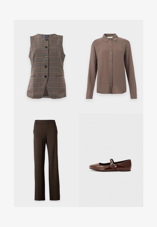 Ærmeløs plaid vest med fem sorte knapper, to forlommer og rund halsudskæring i brune og afdæmpede nuancer.; Brun langærmet skjorte med spidst krave, knaplukning foran og blød tekstur. Simpelt design uden mønstre eller pynt.; Mørkebrune bukser med lige ben, bæltestropper, sidelommer og et rent frontdesign på en ensfarvet lys baggrund.; Brun patentlæder balletflade med firkantet tå og strop med en lille guldbuckle. Glat tekstur, lav hæl og minimalistisk design.