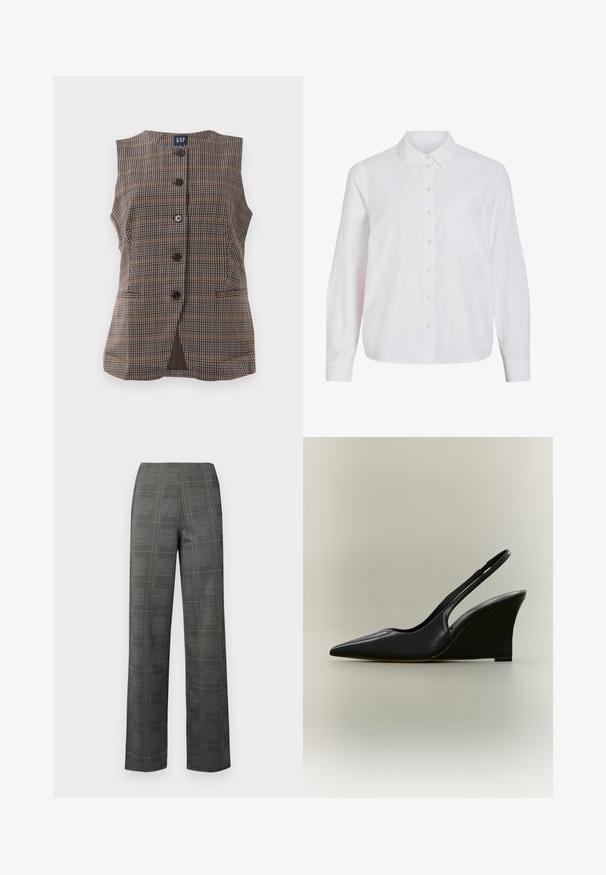 Ærmeløs plaid vest med fem sorte knapper, to forlommer og rund halsudskæring i brune og afdæmpede nuancer.; Hvid skjorte med lange ærmer, knapper foran, klassisk krave, enkelt brystlomme, lavet af glat, let stof med løs pasform.; Rutede skræddersyede bukser med en grå base, der har sort og hvidt ternet mønster, høj talje og lige ben. Glat tekstur.; Sort læder slingback-sko med spids tå og høj kilehæle på en neutral baggrund.