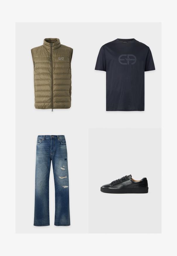 Chaleco acolchado sin mangas de color verde oliva con cuello alto, cremallera frontal y logo EA7 Emporio Armani en el pecho izquierdo.; Camiseta de manga corta en azul oscuro con cuello redondo y un sutil logo grande impreso en el centro delantero.; Vaqueros azules de corte recto con zonas desgastadas y múltiples parches deteriorados en la parte frontal de los muslos y las rodillas.; Zapatilla negra de cuero con una textura suave, puntera redonda y cierre de cordones. Presenta una suela de goma gruesa y un detalle de marca mínimo.