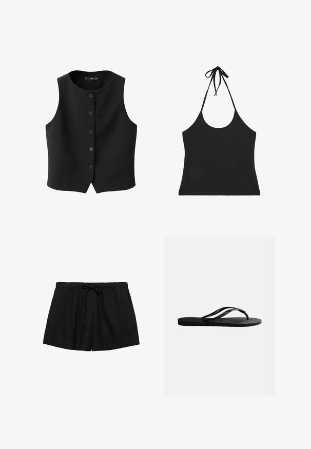 Sort ærmeløs vest med rund halsudskæring, frontlukning med knapper og sidelommer, lavet af et glat stof med en subtil glans.; Sort halterneck-croptop med tynde stropper, der er bundet ved halsen, og med lavt udskåret front og ryg.; Sorte afslappede shorts med elastik i taljen og en snor bundet foran, lavet af letvægtsstof.; Sort gummiflip-flop sandal med tekstureret fodseng og tynde Y-formede remme på en ensartet hvid baggrund.