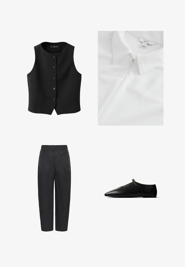 Sort ærmeløs vest med rund halsudskæring, frontlukning med knapper og sidelommer, lavet af et glat stof med en subtil glans.; Hvid poloshirt med lynlåslukning, der har en blød tekstur og klassisk kravedesign. Brandlabel "NEXT" synlig indeni kraven.; Sorte, rynkede bukser med en afslappet pasform. Lavet af letvægtsstof, med en glat overflade og standard talje.; Sort spids flad sko med en lille sølvspænde på toppen, glat lædertekstur og en slank sål.