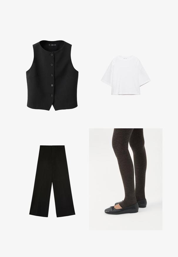 Zwarte mouwloze vest met een ronde halslijn, sluiting met knopen aan de voorkant en zijzakken, gemaakt van een gladde stof met een subtiele glans.; Wit, kort mouw, boxy t-shirt gemaakt van zacht katoen. Heeft een ronde hals en brede mouwen, met een strak, eenvoudig ontwerp.; Zwarte wijde broek met knoop- en ritsluiting, riemlussen en voorplooi-details, plat liggend op een witte achtergrond.; Benen met donkere geribbelde leggings gecombineerd met zwarte ballerina's met kleine strikdetails op een witte achtergrond.