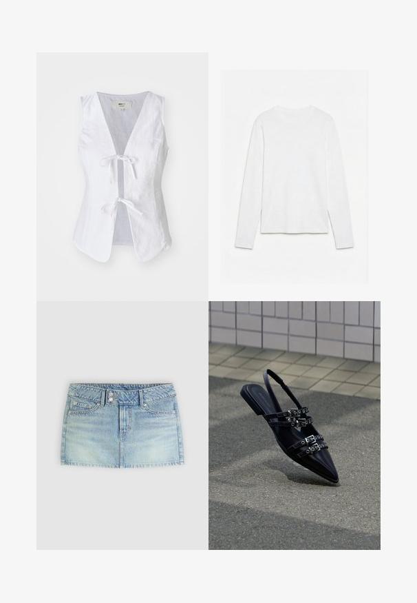 Witte linnen mouwloze top met een diepe V-hals, knoopsluiting aan de voorkant en een zachte textuur. Heeft twee voorzakken en een afgeronde zoom.; Effen wit, langarmig shirt met ronde hals, plat neerligt op een witte ondergrond, waarbij de voorkant en de volledige mouwlengte zichtbaar zijn.; Lichtblauwe denim minirok met een rechte snit, twee voorkruiszakken en twee zilver metallic knopen op de tailleband.; Zwarte sandaal met platte zool en spitse neus, voorzien van meerdere gespsluitingen en een slingback, geplaatst boven een verhard oppervlak en een tegelmuur op de achtergrond.