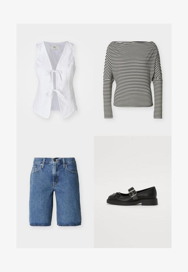 Hvid linned ærmeløs top med dyb V-hals, bindefront og glat tekstur. Har to frontlommer og rundet nederkant.; Sort-hvid, vandret striped langærmet top med bådudskæring og tætsiddende ærmer på en ensfarvet baggrund.; Blå denim-knee-length shorts med frontknap og lynlås, forlommer og bæltestropper på en ensartet lys baggrund.; Sort læder Mary Jane-sko med rund tå, ankelrem og sølv spænde detalje. Har en flad, chunky sål og en sløjfe akcent.