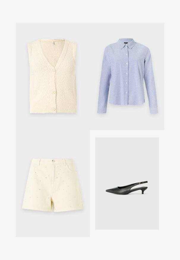 Cardigan sans manches couleur crème avec un col en V, en tissu tricoté texturé et trois grands boutons sur le devant. Détail à ourlet côtelé.; Chemise à manches longues boutonnée, avec des rayures verticales blanches et bleu clair et un col pointu, présentée sur un fond uni.; Shorts en denim jaunes avec une taille haute et une coupe décontractée, ornés de petits clous en argent éparpillés sur le devant pour un effet de détail.; Chaussure slingback noire à bout pointu en cuir lisse. Présente un talon fin et un détail de boucle sur la sangle réglable.