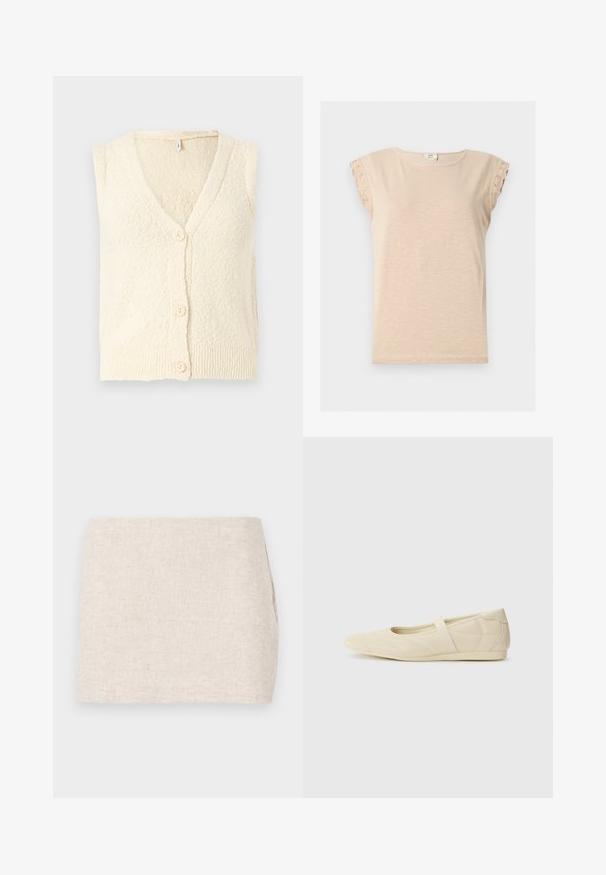 Cardigan sans manches couleur crème avec un col en V, en tissu tricoté texturé et trois grands boutons sur le devant. Détail à ourlet côtelé.; Chemise beige à manches courtes avec encolure ronde et bordure en dentelle aux manches, confectionnée dans un tissu léger.; Jupe en lin beige au design minimaliste, présentant une texture lisse et un tissage subtil. Elle a une coupe droite et simple, sans fermetures visibles.; Ballerines beiges avec une exterior en cuir lisse, un bout en forme d'amande et une sangle élastique sur le coup de pied, avec des détails de couture subtils.