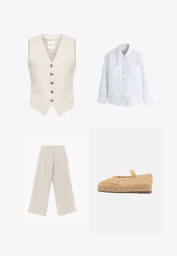 Linnen vest in lichtbeige met een v-hals, vijf bruine knopen en twee zijzakken. Beschikt over een soepele textuur en een tailored fit.; Wit overhemd met lange mouwen, knopen, twee borstzakken, klassieke kraag en zichtbare knopen aan de voorkant.; Beige linnen broek met wijde pijpen, achterpaspelzakken en ceintuurlussen, plat liggend met de achterkant naar boven.; Loeffler Randall KAYLA - Espadrilles - natural