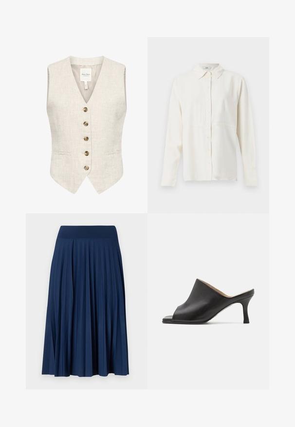 Linned vest i lys beige med v-hals, fem brune knapper og to sidelommer. Har en glat tekstur og en skræddersyet pasform.; Langærmet cremefarvet bluse med knapper foran og spids krave, glat stof og en diskret sømdetalje under brystet.; Mørkeblå plisseret nederdel med en bred talje, lavet af blødt stof. Har lodrette folder for tekstur og let bevægelse.; Selected ASHLEY - Mules med hæl - black
