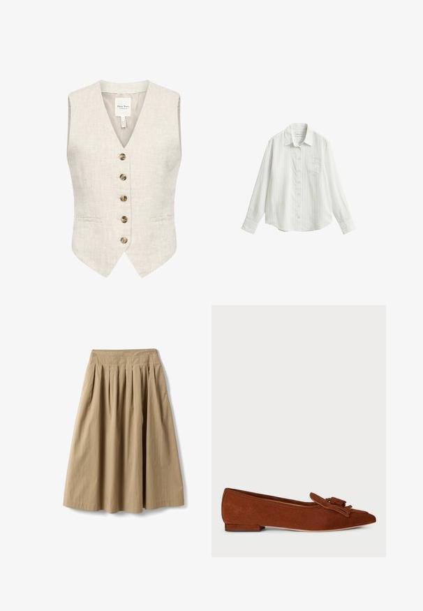 Chaleco de lino en beige claro con escote en V, cinco botones marrones y dos bolsillos laterales. Presenta una textura suave y un corte ajustado.; Camisa blanca abotonada con sutiles rayas verticales, mangas largas, un solo bolsillo en el pecho y cuello en punta, colocada extendida sobre un fondo blanco.; Falda plisada beige hasta la rodilla con cintura ajustada, hecha de tela ligera, mostrada sobre fondo blanco.; Zapato plano de ante marrón con punta afilada y acento decorativo de borlas en la parte delantera. Presenta un tacón bajo y una textura suave.