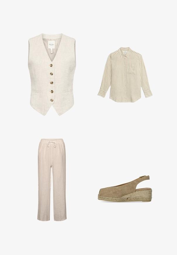 Linnen vest in lichtbeige met een v-hals, vijf bruine knopen en twee zijzakken. Beschikt over een soepele textuur en een tailored fit.; Beige en wit gestreepte lange mouwen shirt met een kraag, een borstzak en knoopsluiting. De stof lijkt lichtgewicht met een zachte textuur.; Linnen broek in lichtbeige met een elastische tailleband en een trekkoord, met een relaxte pasvorm en rechte pijpen.; Castañer DOSALIA - Espadrilles - sand