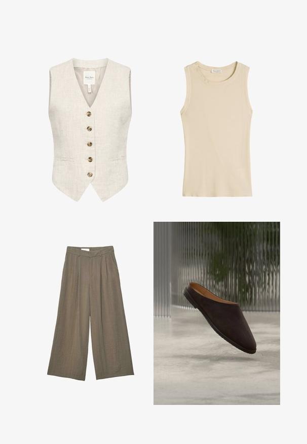 Linnen vest in lichtbeige met een v-hals, vijf bruine knopen en twee zijzakken. Beschikt over een soepele textuur en een tailored fit.; Mouwloze beige geribbelde tanktop met ronde hals en Marc O’Polo-label aan de binnenkant van de kraag.; Wijde pijpen, hoog getailleerde taupekleurige broek met voorplooien, zijzakken, riemlussen en een verborgen ritssluiting aan de voorkant.; Donkerbruine instapper met zwarte zool zwevend boven een gladde betonnen vloer tegen een vervaagde verticale glazen paneelachtergrond.