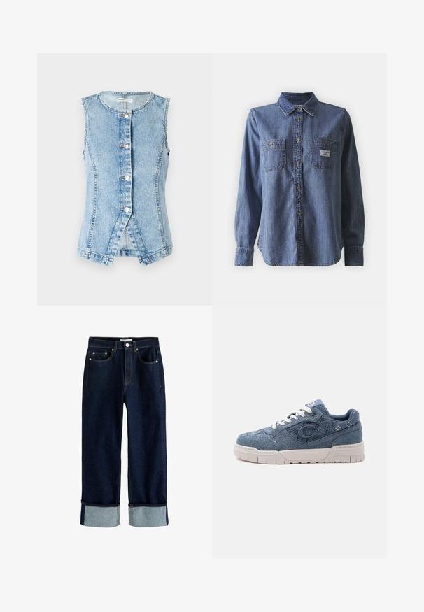 Helepetta helesinise denim vest ilma varrukateta, nööpidega esikülg ja keha mugav disain. Omab kahekordset õmblust ja ümmargust alaosa.; Sinine teksajakk pikad varrukad, nupuga krae, kaks rinna taskut, klassikaline lõige ja õrn tekstuur. Silt vasakus taskus.; Tumedat sinist teksapüksid koos rullitud mansettidega, viiepildiline stiil, nähtav õmblus ja nööpkinnitus vööl.; Sinise teksast tennisejalats valge tallaga ja paeltega, külgedel suur "C" embleem ning tekstuuriga kangadisain.