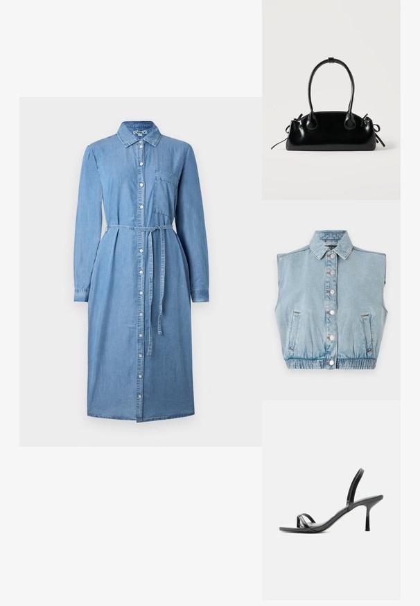 Lyseblå denim ærmeløs jakke med knaplukning foran, krave og elastisk kant. Har to sidelommer og sølvknapdetaljer.; Denim skjortekjole i lyseblå, med lange ærmer, knaplukning foran, krave og bælte i taljen. Inkluderer en brystlommedetalje.; Sort sandal med høje hæle med tynde remme over tæerne og omkring anklen, skinnende finish og en tynd stiletthæl.; Lille sort blank håndtaske med to lange håndtag og snøre-detaljer i siden på en ensfarvet lys baggrund.