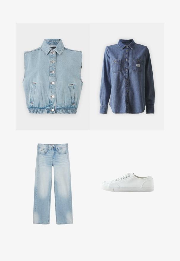 Lyseblå denim ærmeløs jakke med knaplukning foran, krave og elastisk kant. Har to sidelommer og sølvknapdetaljer.; Blå denim langærmet skjorte med button-down krave, to brystlommer, klassisk pasform og subtil tekstur. Label på venstre lomme.; Lyseblå jeans med vide ben, fem lommer, bæltestropper, knaplukning og diskret farvefade på forreste lår og knæ.; Hvid lavtop canvas-sneaker med snørebånd foran, gummisål og struktureret tåhætte, vist fra ydersiden mod en hvid baggrund.
