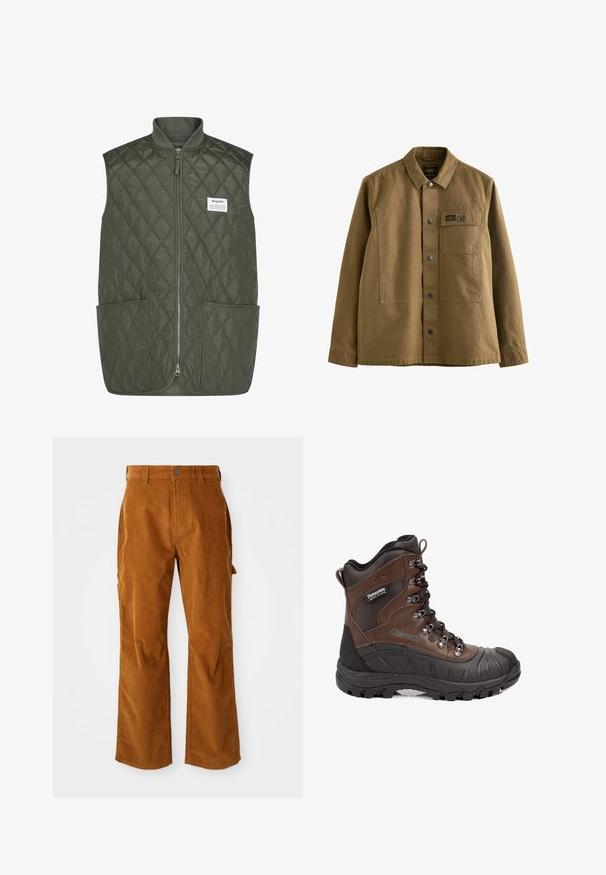Chaleco acolchado en verde oscuro, con cremallera frontal, cuello redondo, dos grandes bolsillos frontales y una pequeña etiqueta de la marca en el lado izquierdo del pecho.; Chaqueta de lona marrón con cuello tipo solapa, cierre frontal de botones, dos bolsillos en el pecho y tejido texturizado. Diseño inspirado en el estilo militar.; Pantalones de pana marrones con un diseño de pierna acampanada, que cuentan con bolsillos laterales y un cierre de botón en la parte delantera. La textura es suave y estriada.; Bota de senderismo aislada marrón y negra con suela gruesa, ojales de metal y etiqueta Thinsulate en el lateral.