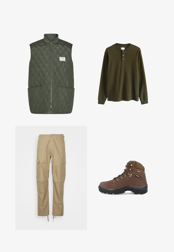 Chaleco acolchado en verde oscuro, con cremallera frontal, cuello redondo, dos grandes bolsillos frontales y una pequeña etiqueta de la marca en el lado izquierdo del pecho.; Camisa henley de punto waffle verde oliva de manga larga con puños acanalados y tres botones en el cuello.; Pantalones cargo caqui hechos de una tela ligera, con múltiples bolsillos laterales, un ajuste relajado y puños ajustables con cordón en el dobladillo.; Chiruca Botines con cordones - brown