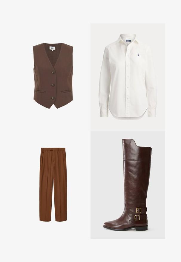 Bruine v-hals gilet met een zachte textuur, voorzien van drie knopen en voorzakken, een nauwsluitende pasvorm en een strak ontwerp.; Witte blouse met lange mouwen, knopen, kraag en klein blauw logo van een polospeler op de linkerborst.; Bruine, op maat gemaakte broek met zijzakken, lussen voor een riem en geplooide vouwen, plat uitgestald op een witte achtergrond.; Bruine leren kniehoge laars met een afgeronde neus, voorzien van twee goudkleurige gespen bij de enkel en een gladde, gepolijste textuur.