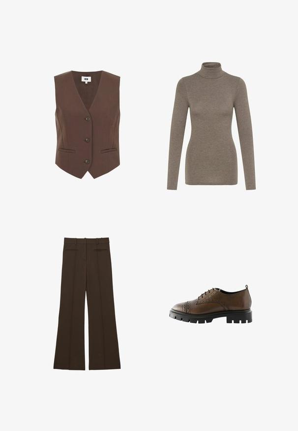 Bruine v-hals gilet met een zachte textuur, voorzien van drie knopen en voorzakken, een nauwsluitende pasvorm en een strak ontwerp.; Bruine, lange mouwen turtleneck top van zacht materiaal. Kenmerkt zich door een aansluitend ontwerp met een hoge kraag en een gladde textuur. Geen zichtbare patronen of accenten.; Reiss REGULAR FIT - CLAUDE HIGH RISE FLARED - Broek - chocolate brown; Bruine leren schoen met brogue-details, ronde neus en een stevige zwarte rubberen zool. Beschikt over een vetersluiting en een trekband aan de achterkant.