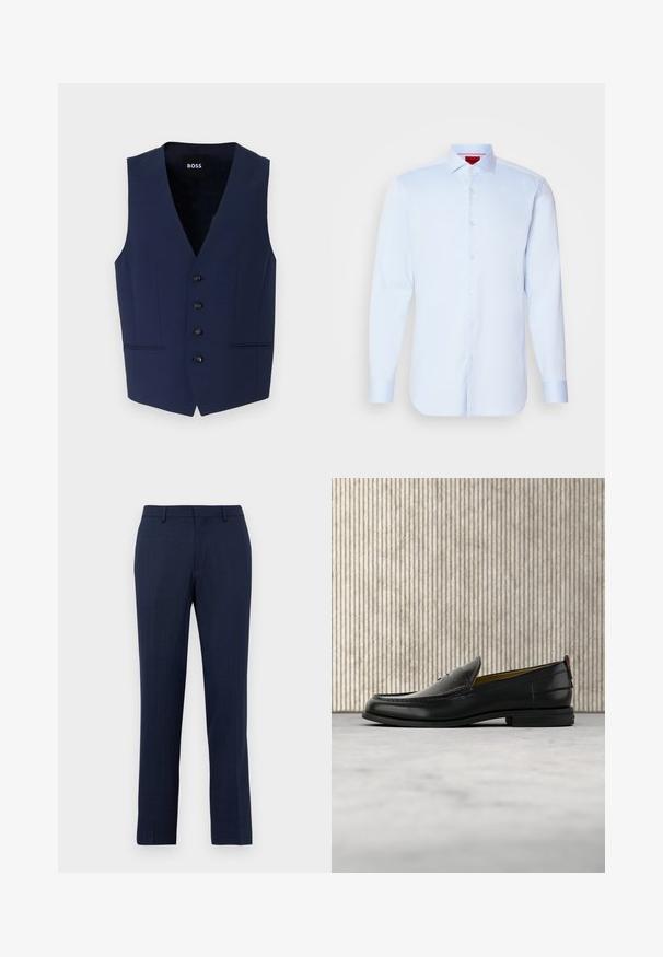 Chaleco ajustado de color azul marino con escote en V, cinco botones negros y bolsillos laterales. Confeccionado en un tejido texturizado, diseñado para una silueta entallada.; Camisa de botones de manga larga en azul claro con cuello extendido, dobladillo redondeado y botones blancos. Tejido suave con un brillo sutil.; Pantalones de corte entallado en azul marino con pasadores para cinturón, cierre frontal con cremallera y ajuste recto sobre un fondo blanco liso.; Mocasín de cuero negro para hombre con empeine grabado en relieve de cocodrilo y tacón bajo, mostrado de perfil sobre un fondo neutro.