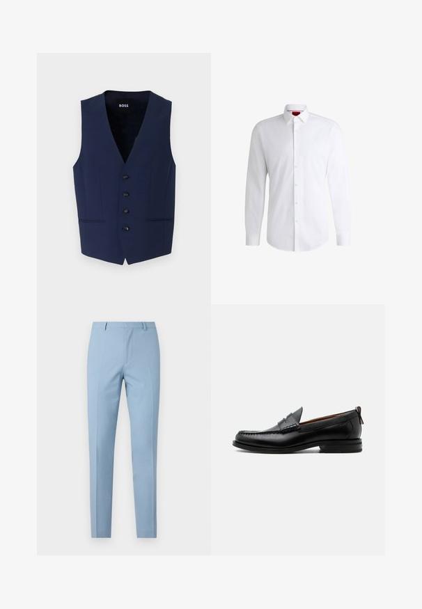 Chaleco ajustado de color azul marino con escote en V, cinco botones negros y bolsillos laterales. Confeccionado en un tejido texturizado, diseñado para una silueta entallada.; Camisa blanca de botones, confeccionada en tela suave, con collar clásico, mangas largas y dobladillo curvado. Presenta botones beige en la parte delantera.; Pantalones azul claro a medida con un corte ajustado, textura suave, pliegue al frente, cintura ajustada y lazos para cinturón. Sin bolsillos visibles.; Mocasín de hombre de piel negra con costura moc toe, tira penny, cuello texturizado y tacón bajo apilado sobre fondo blanco.