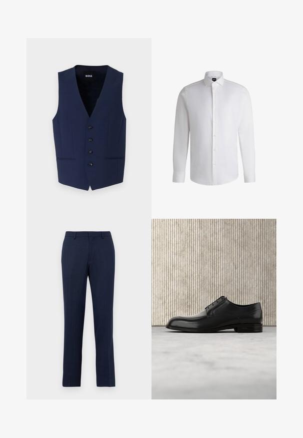 Chaleco ajustado de color azul marino con escote en V, cinco botones negros y bolsillos laterales. Confeccionado en un tejido texturizado, diseñado para una silueta entallada.; Camisa blanca de manga larga hecha de algodón suave, con un cuello clásico, botonera completa y puños abotonados. Diseño minimalista.; Pantalones de corte entallado en azul marino con pasadores para cinturón, cierre frontal con cremallera y ajuste recto sobre un fondo blanco liso.; Zapato de vestir de cuero negro con punta redondeada, textura suave, costuras mínimas y suela plana con un sutil logo en el tacón.
