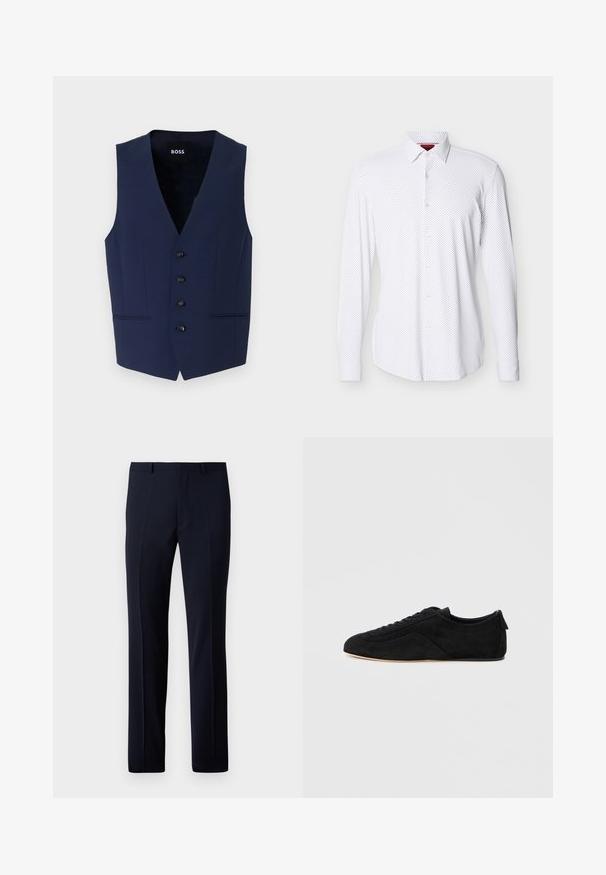 Chaleco ajustado de color azul marino con escote en V, cinco botones negros y bolsillos laterales. Confeccionado en un tejido texturizado, diseñado para una silueta entallada.; Camisa blanca de manga larga con botones y patrón de pequeños puntos negros y cuello puntiagudo, mostrada sobre un fondo claro y liso.; Pantalones a medida azul marino con corte recto, que cuentan con dos pliegues frontales y una textura suave. Construidos con una tela ligera.; Zapatilla deportiva de ante negro de corte bajo con cordones en la parte delantera y suela beige, mostrada desde el lado exterior sobre un fondo gris claro.