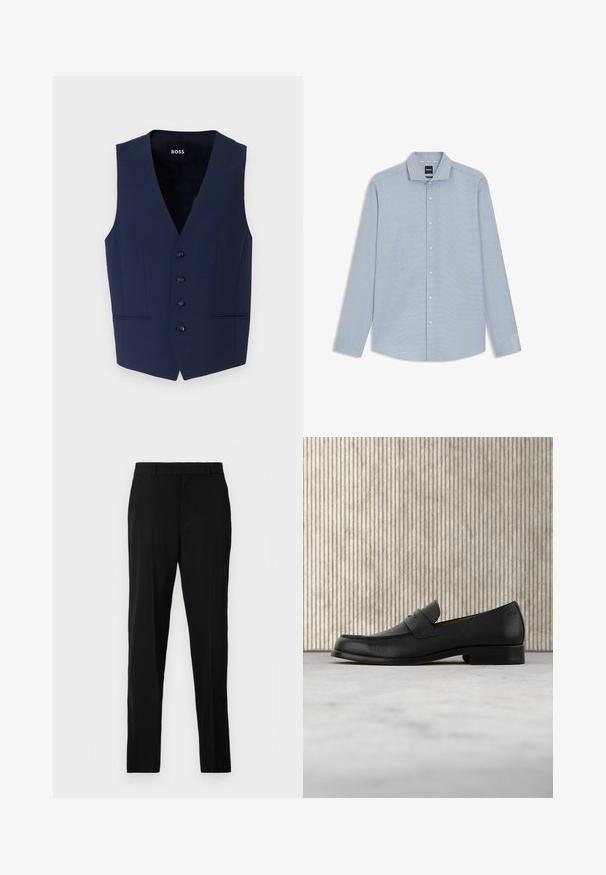 Chaleco ajustado de color azul marino con escote en V, cinco botones negros y bolsillos laterales. Confeccionado en un tejido texturizado, diseñado para una silueta entallada.; Camisa de manga larga azul claro con cuello abotonado, tela texturizada y botones claros contrastantes a lo largo de la tapeta delantera.; Pantalones negros de tejido liso, con corte recto, trabillas para cinturón, cremallera en la bragueta y bolsillos laterales para mayor funcionalidad.; Zapato mocasín de cuero negro flotando sobre una alfombra beige con una mesa redonda marrón brillante al fondo.