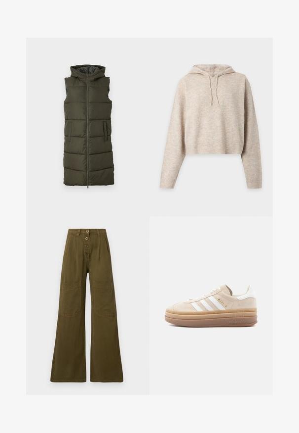 Oliven grøn udenærmet puffer vest med fuld frontlynlås, to sidelommer og hætte, som har quiltede sektioner til isolering.; Beige strikket cropped hættetrøje med lange ærmer og snore, vist på en ensfarvet lys baggrund.; Olivengrønne bukser med vid ben, høj talje, lukning med fire knapper foran og store rektangulære lappelommer på lårene.; Beige ruskindsneaker med hvide læderdetaljer, der har tre hvide striber, et gyldent logo og en tyk, gennemsigtig gummisål.