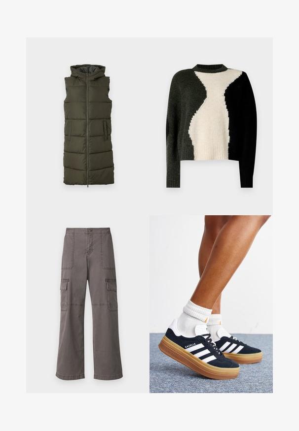 Gilet sans manches en vert olive avec une fermeture éclair avant intégrale, deux poches latérales et une capuche, comportant des sections matelassées pour l'isolation.; Pull en tricot avec un design en blocs de couleurs noir, vert foncé et crème. Encolure ronde et ourlet côtelé. Texture douce, coupe décontractée.; Pantalons cargo gris en coton avec un design à jambes larges, dotés de deux poches avant, de deux poches latérales et de détails de couture visibles.; Jambes portant des chaussettes blanches et des baskets Adidas Gazelle noires avec des bandes blanches et des semelles épaisses marron sur un sol recouvert de moquette grise.