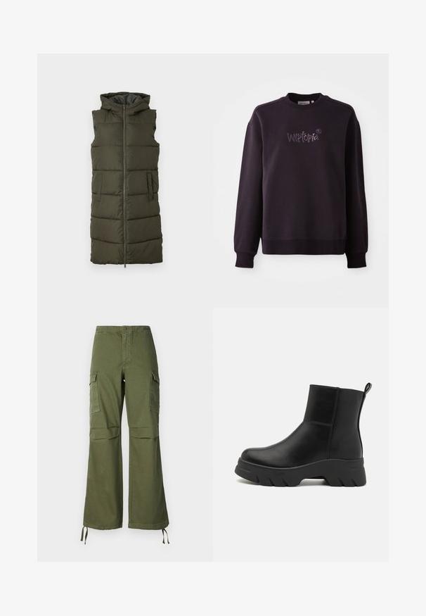 Oliven grøn udenærmet puffer vest med fuld frontlynlås, to sidelommer og hætte, som har quiltede sektioner til isolering.; Sort sweatshirt lavet af blødt stof, med rund hals og ribbede manchetter. Broderet "Wistopia" logo på forsiden.; Olivengrønne cargo-buksen i bomuld med bred ben-design, to sidelommer og justerbare snore ved kanten.; Sorte ankelstøvler lavet af glat læder, med en kraftig gummisål med et zigzag-mønster og en løkke på bagsiden.
