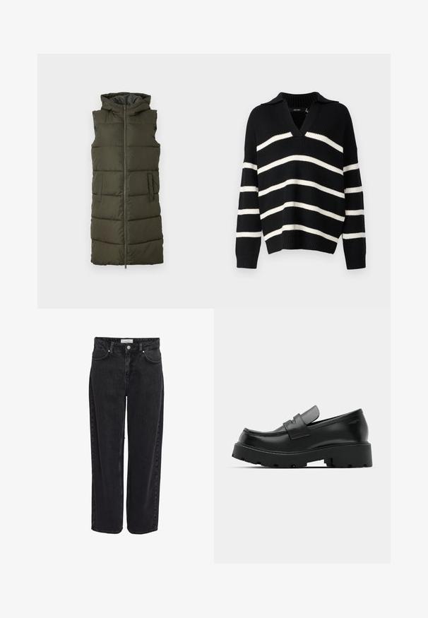 Oliven grøn udenærmet puffer vest med fuld frontlynlås, to sidelommer og hætte, som har quiltede sektioner til isolering.; Sort-hvidstribet sweater med V-hals og krave. Teksturstrik med brede vandrette striber samt ribstrikkede manchetter og kant.; Sort denim bukser med vide ben og høj talje, fem-lomme design og lynlåsgylp. Glat tekstur med minimale synlige syningsdetaljer.; Sorte læder loafers med en chunky tekstureret sål, der har en rem over vamps og en glat, poleret finish.