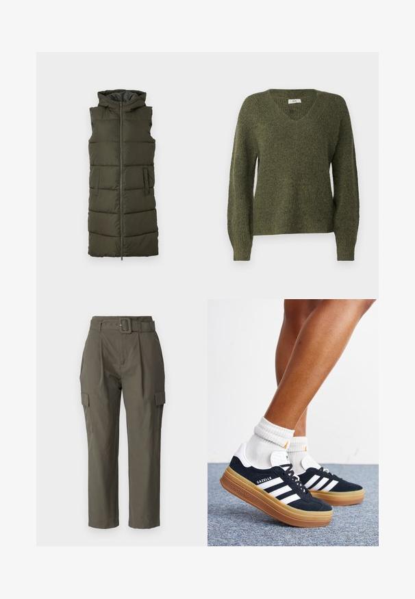 Oliven grøn udenærmet puffer vest med fuld frontlynlås, to sidelommer og hætte, som har quiltede sektioner til isolering.; JDY JDYINGEBORG ADA LIFE V-NECK - Striktrøje - winter moss; Cargo bukser i olivengrøn, lavet af letvægtsstof. Funktioner inkluderer en bæltet talje, frontplisseringer og sidelommer med klaplukning.; Ben iført hvide sokker og sorte Adidas Gazelle sneakers med hvide striber og tykke brune såler på et gråt tæppe.
