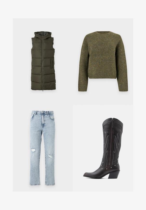Oliven grøn udenærmet puffer vest med fuld frontlynlås, to sidelommer og hætte, som har quiltede sektioner til isolering.; Grøn uldtrøje med rund hals, ribbede manchetter og kant, tekstureret stof og en let løs pasform.; Lysblå denimjeans med en afslappet pasform, der har to knærevner, fem lommer og en frynset kant. Knap- og lynlåslukning.; Brune læder cowboystøvler med flammebroderi, sidelukning med lynlås, sølvnitter, spids snude og lagdelt hæl.
