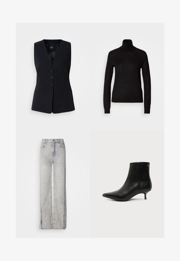 Sort ærmeløs vest med v-hals, der har fire knapper foran, sidelommer og et glat, tekstureret stof. Foret indvendig.; Sort turtleneck sweater lavet af et let strikket stof. Har lange ærmer og en tætsiddende silhuet med raglan-sømme.; Lyseblå vid-leg jeans lavet af denim med en falmet vask, der har lynlås, fem lommer og kontraststikning.; Sort læder ankelstøvle med spids tå og lav kitten hæl på lys baggrund, der viser yderside.