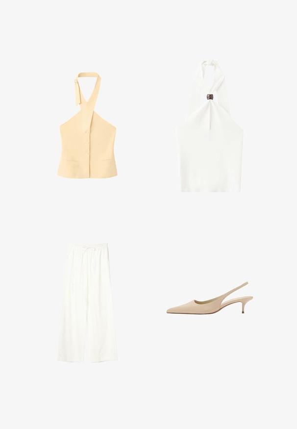 Haut beige sans manches à col halter avec trois boutons sur le devant, deux petites poches avant et bretelles réglables avec fermeture par boucle.; Crop top blanc à col halter avec un détail anneau écaille au centre de l'encolure devant.; Pantalon blanc à jambes larges avec taille élastique et cordon de serrage, en tissu léger.; Escarpins slingback en cuir beige à bout pointu, talon kitten bas et finition lisse.