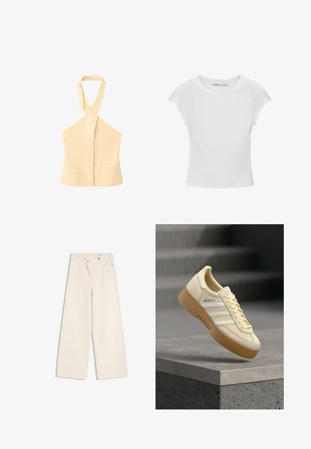 Haut beige sans manches à col halter avec trois boutons sur le devant, deux petites poches avant et bretelles réglables avec fermeture par boucle.; T-shirt en coton blanc avec manches courtes retroussées, encolure ronde et ourlet droit. Texture lisse sans motifs ni accents visibles.; Pantalon large couleur écru avec poches avant, passants pour ceinture, et boutons argentés sur la ceinture et les bords des poches.; Baskets en daim beige avec semelle en gomme, rayures blanches et branding "SPEZIAL", flottant au-dessus d'une surface en béton grise en escalier.