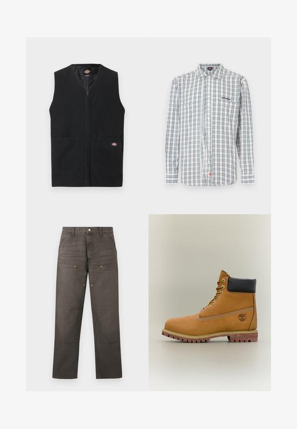 Veste noire sans manches avec fermeture éclair à l'avant et deux grandes poches avant, ornée d'un petit logo Dickies sur la poche droite.; Chemise à carreaux boutonnée en blanc, vert et bleu. Elle comporte des manches longues, un col, deux poches avant et une broderie de logo sur la poitrine.; Pantalon de travail marron à jambes droites avec genouillères renforcées, poches avant, passants pour ceinture et fermeture par bouton.; Bottine en cuir marron avec col noir, lacets jaunes et semelle beige. Présente un logo et des détails de couture blanche. Semelle extérieure à traction robuste.