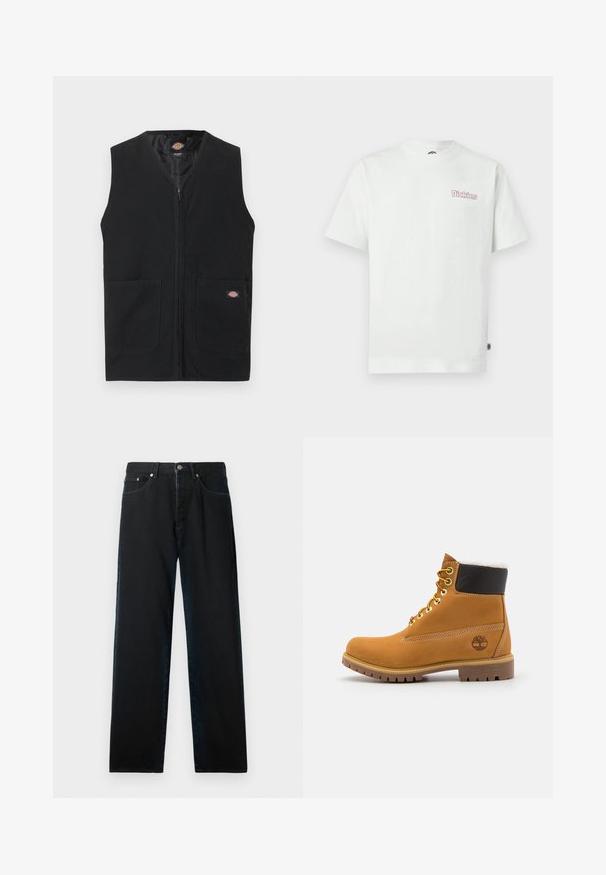 Veste noire sans manches avec fermeture éclair à l'avant et deux grandes poches avant, ornée d'un petit logo Dickies sur la poche droite.; T-shirt en coton blanc avec manches courtes, col rond, et un logo rose "Dickies" sur le côté gauche de la poitrine. Texture lisse.; Jean en denim noir avec une coupe droite, un design à cinq poches et des éléments métalliques. Le tissu a une texture lisse et un décoloration minimale.; Bottine en cuir brun avec œillets en métal, doublure en fourrure blanche, col rembourré noir, semelle robuste et logo en relief sur le côté.
