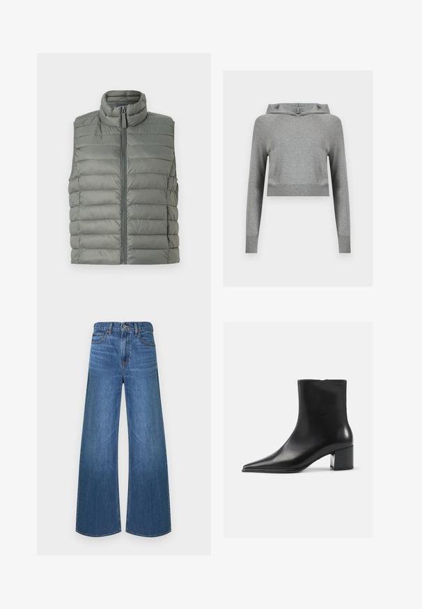 Puffer-vesti muted vihreänä, jossa on korkea kaulus, pystysuora omistus, täydellinen etuvetoketju ja hihaton muotoilu, sekä sileä pinta.; Harmaa lyhyt neulottu huppari, jossa on pitkät hihat ja resorit hihoissa ja helmassa, esillä yksinkertaisella vaalealla taustalla.; Leveälahkeiset siniset farkut, joissa on etunapit ja vetoketju, viiden taskun malli ja vyönlenkit, esitettynä valkoista taustaa vasten.; Musta nahkainen nilkkabotti, jossa on terävä kärki, sileä pinta ja keskikokoinen tukijalka. Minimalistinen muotoilu, vetoketjusuljin takana.