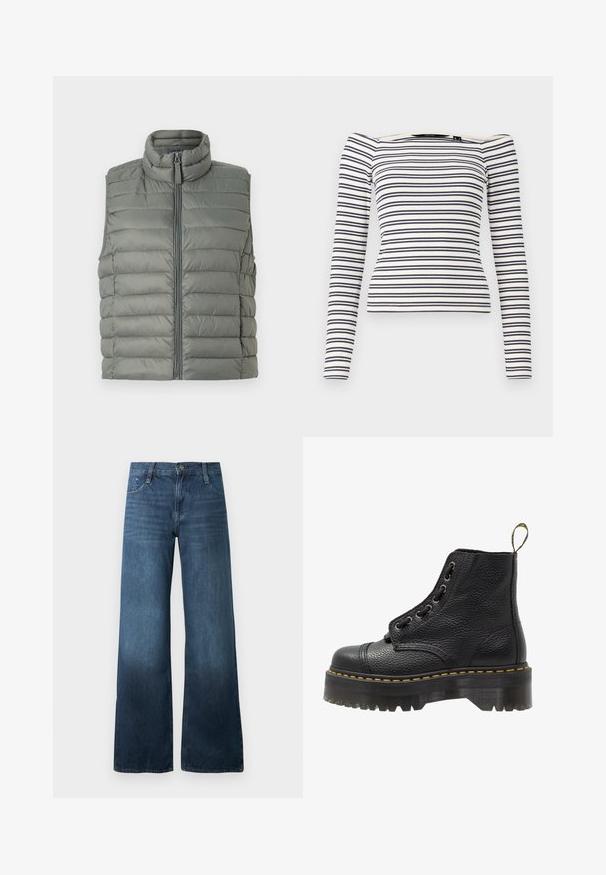 Puffer-vesti muted vihreänä, jossa on korkea kaulus, pystysuora omistus, täydellinen etuvetoketju ja hihaton muotoilu, sekä sileä pinta.; Raidallinen pitkähihaisten paita, jossa on vartalonmyötäinen muotoilu. Valkoinen pohja, jossa tummansinisiä vaakaraitoja. Pehmeä ribbikangas ja olkapäiltä paljastava kaula-aukko.; Tummansiniset levenevät farkut, jotka on valmistettu denimistä. Niissä on korkea vyötärö, viisi taskua ja hienovarainen haalistuminen helmassa. Tavanomainen nappikiinnitys.; Mustat nahkaisen nilkkurit, joissa on teksturoidun pinnan, pyöreä kärki, nauhakiinnitys, keltainen ommel ja paksu, uritettu musta alustapohja.