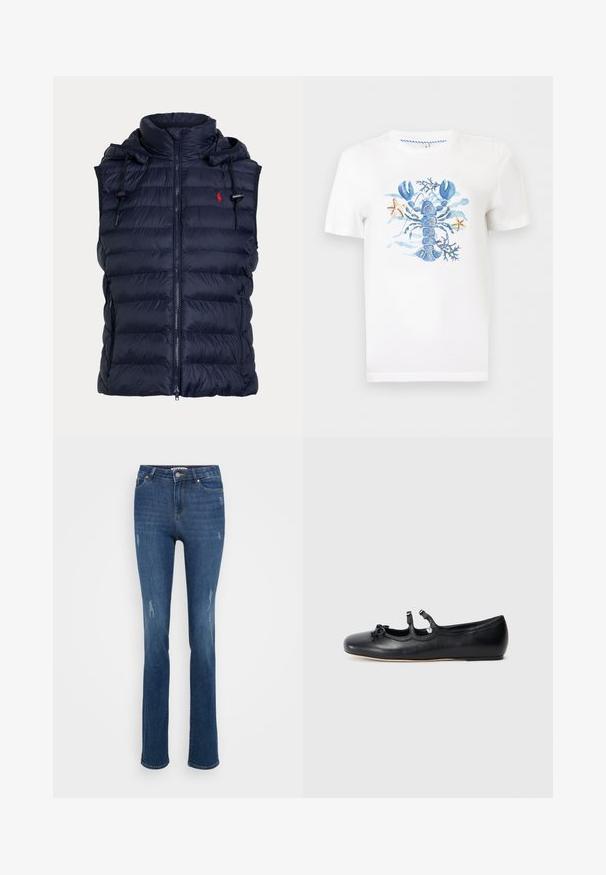 Flaskeblå ærmeløs polstret vest med lynlås foran, justerbar hætte med snore og lille rødt broderet logo på brystet.; Hvid T-shirt med korte ærmer med tryk af en blå hummer, tang og to små søstjerner midt på fronten.; Blå højtaljede slim-fit jeans med let slid på lår og knæområder, der har frontlommer og knaplukning.; Sort læder ballet flade sko med et åbent design, har to dekorative stropper og en sløjfedetalje på tåen, flad sål. Glat tekstur.