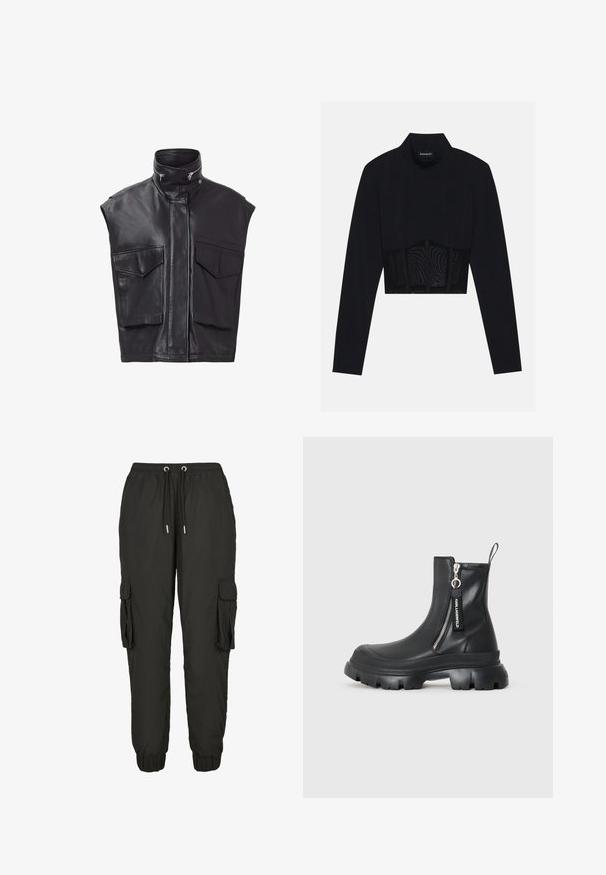 Sorte lædervest uden ærmer, med høj krave, frontlynlås og to store brystlommer. Glat tekstur med minimalistisk design.; Sort langærmet crop top med høj hals, en transparent meshpanel ved taljen og strukturerede sømme for et tætsiddende design.; Sorte cargo bukser lavet af let materiale, med elastisk talje, justerbar snor, sidelommer og ribbede manchetter.; KARL LAGERFELD TREKKA MAX - Støvletter m/ kilehæl - black