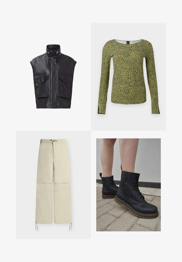 Sorte lædervest uden ærmer, med høj krave, frontlynlås og to store brystlommer. Glat tekstur med minimalistisk design.; Langærmet, tætsiddende skjorte med et grønt og sort leopardprintmønster og en rund halsudskæring.; Beige letvægts konvertible bukser med snøre i taljen, lynlås nederst på benene og justerbare bånd ved anklerne mod en ensfarvet baggrund.; Sorte læderstøvler med blomsterbroderi, snørret design, orange syning og en tyk, gennemsigtig sål på en struktureret overflade.