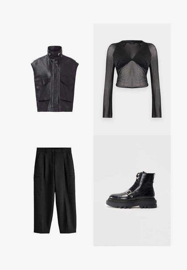 Sorte lædervest uden ærmer, med høj krave, frontlynlås og to store brystlommer. Glat tekstur med minimalistisk design.; Sort langærmet crop-top med gennemsigtige mesh-ærmer og mellemrumssektion, solid v-udskæring på overdelen og rynkede detaljer ved taljen.; Sorte high-waist cropped cargobukser med forreste knap, sidelommer og cargolommer samt små slidser ved kanten.; Sort læder ankelstøvle med struktureret finish, der har snøredesign, metalhardware-detaljer og tyk gummisål med udtalt slidbane.